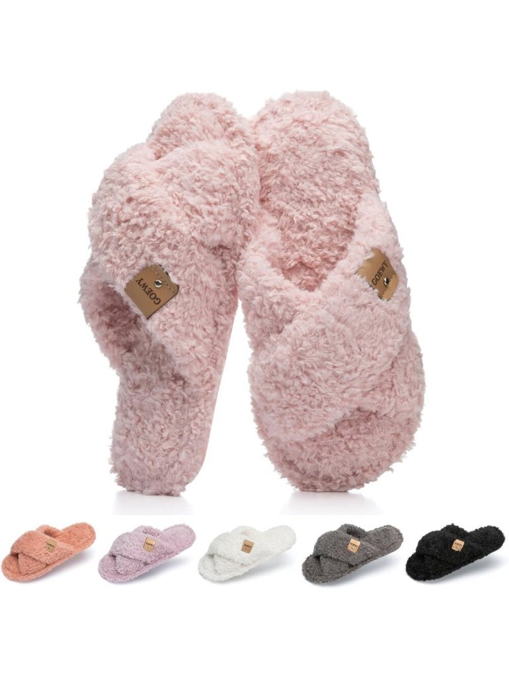 Women's Light Pink Cross Band Indoor and Outdoor Fuzzy Open Toe Slipper Shoes
